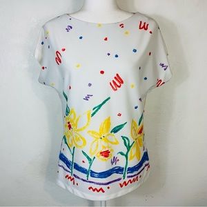 Vintage 60s 70s Rhoda Lee Size XS S Retro Blouse Top Short Sleeve Flowers Unique